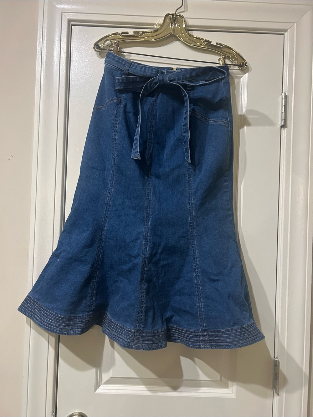 New York & Company Dark Blue Denim Tie-Waist A-Line Skirt